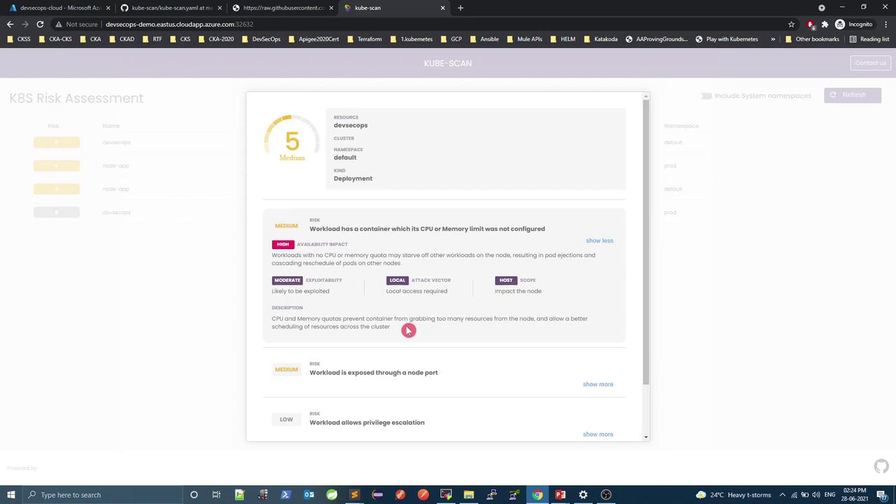 The image shows a K8S Risk Assessment dashboard with a medium risk score of 5, highlighting issues related to CPU or memory limits not being configured for a workload. It provides details on availability impact, exploitability, and recommendations.