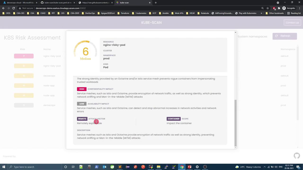 The image shows a K8S Risk Assessment dashboard for a Kubernetes pod named "nginx-risky-pod" with a medium risk score of 6. It includes details about confidentiality and availability impacts, and mentions service meshes like Istio and Octarine for network security.