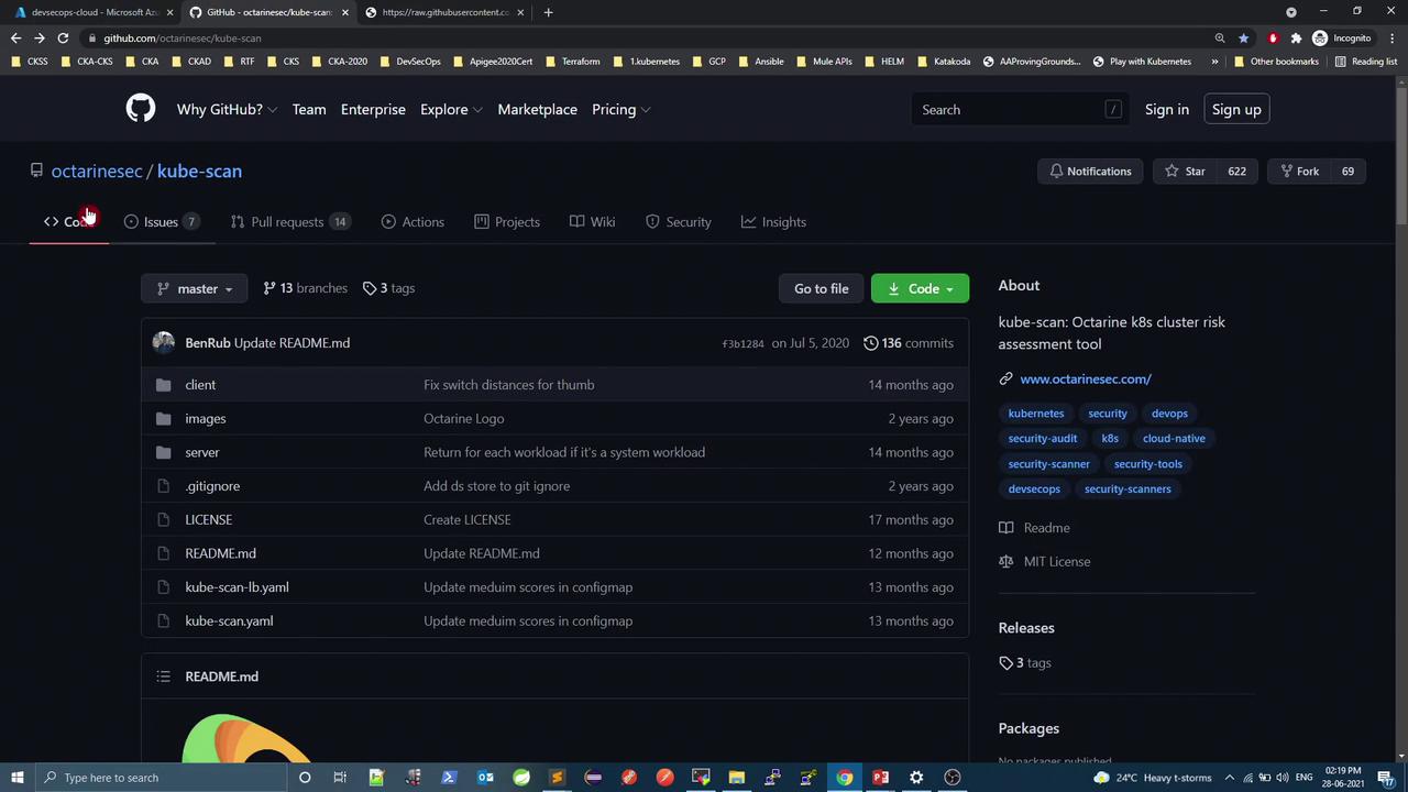 The image shows a GitHub repository page for "kube-scan" by "octarinesec," displaying files, commit history, and repository details. The page includes options to view code, issues, pull requests, and more.