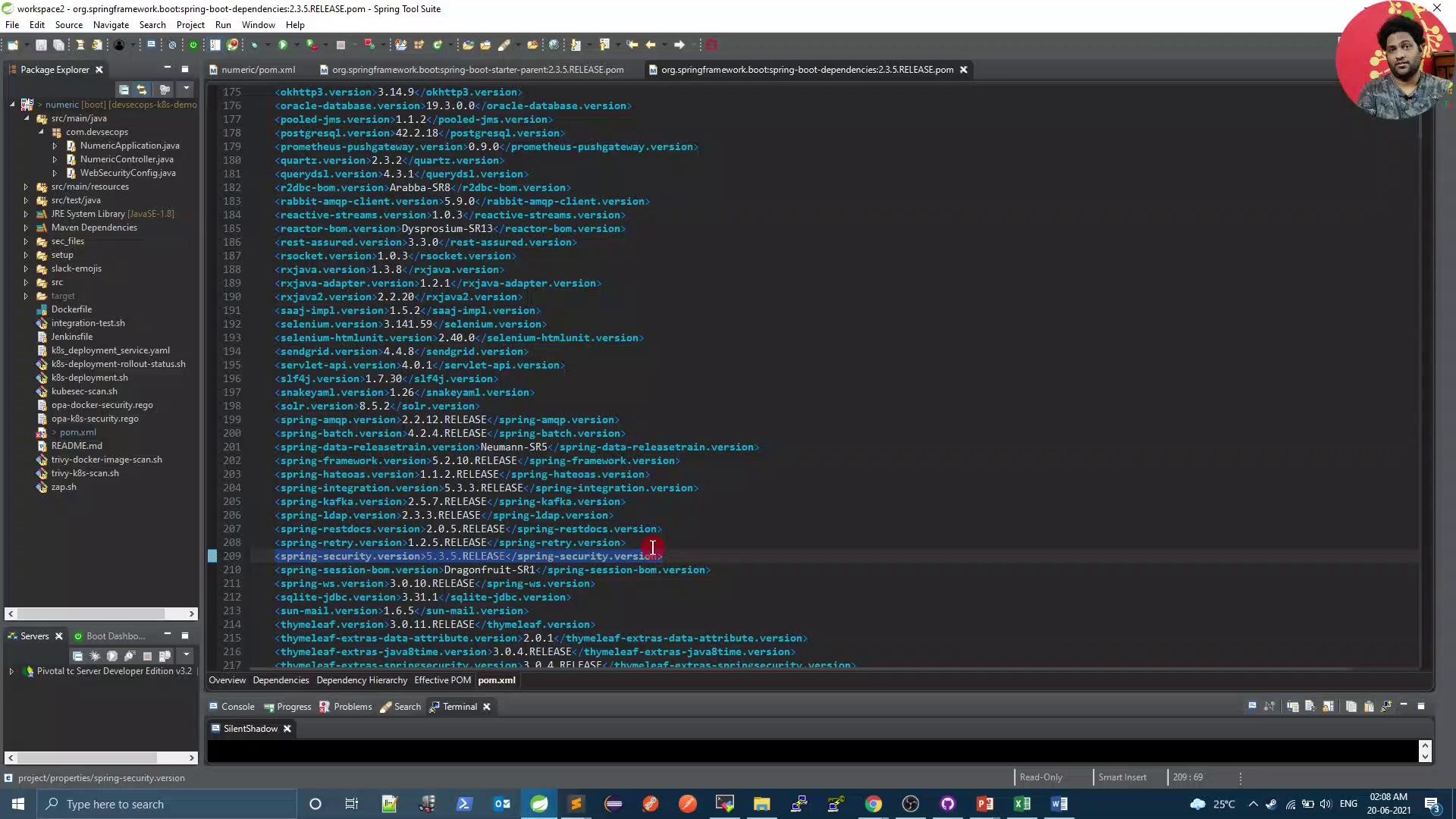 The image shows a screenshot of a development environment, likely an IDE, displaying a POM file with a list of dependencies and their versions. The interface includes a file explorer on the left and a code editor on the right.