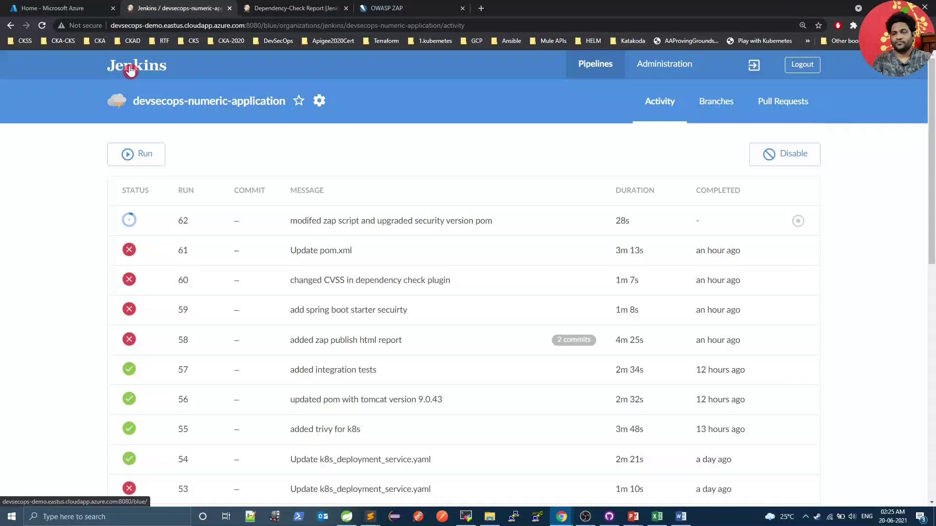The image shows a Jenkins dashboard displaying a list of pipeline runs for a project named "devsecops-numeric-application," with details such as status, run number, commit message, duration, and completion time.