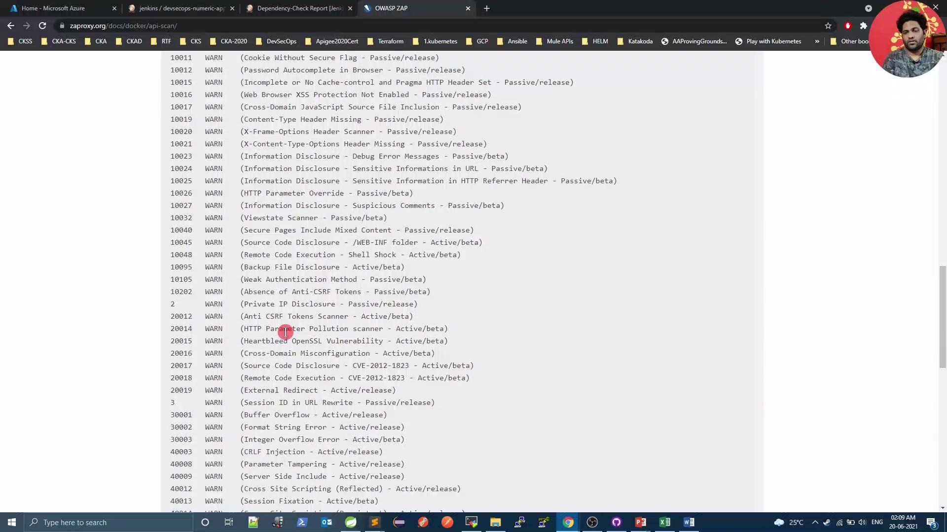 The image shows a list of security warnings and vulnerabilities from an OWASP ZAP scan, displayed in a web browser.