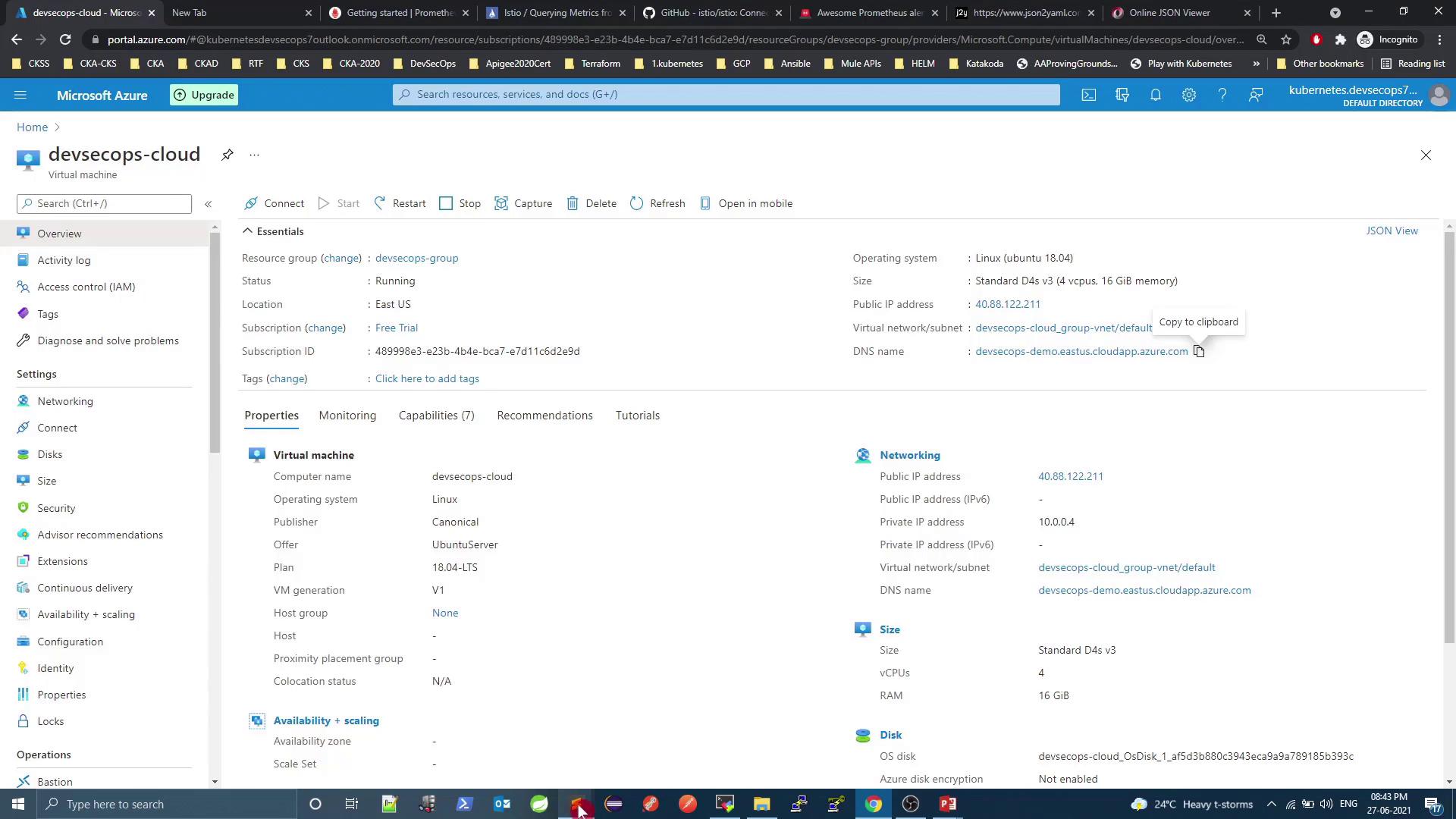 The image shows the Azure portal interface displaying details of a virtual machine named "devsecops-cloud." It includes information such as the operating system, size, location, IP addresses, and subscription details.