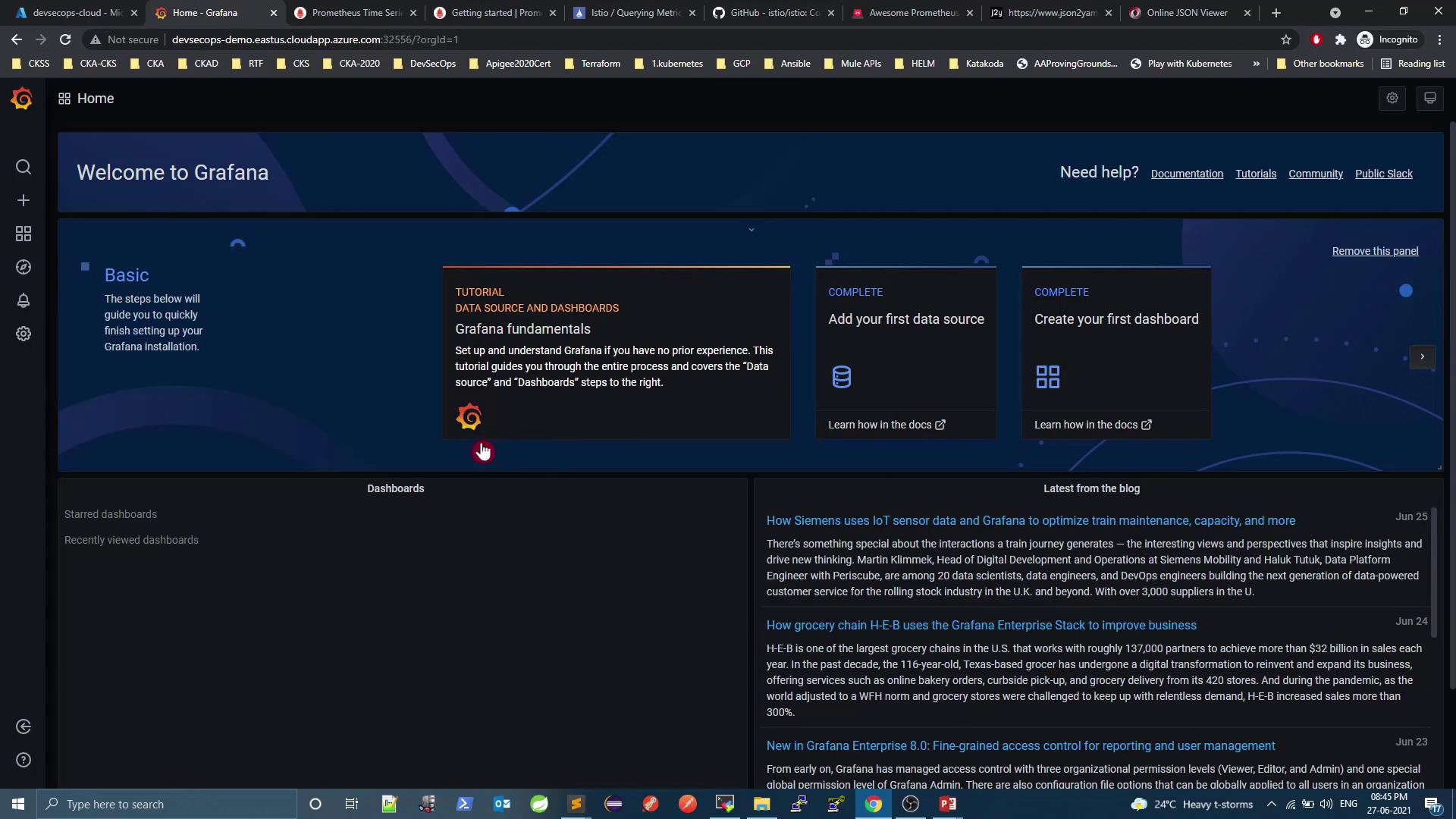 The image shows a Grafana dashboard interface with sections for tutorials, data source setup, and dashboard creation. It also includes a blog section with recent articles.