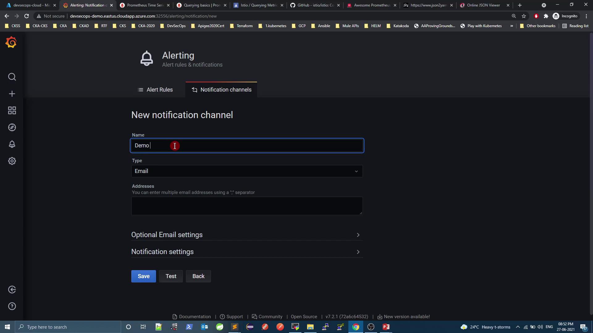 The image shows a web interface for creating a new notification channel, with fields for name, type, and addresses. The interface is part of an alerting system, likely related to monitoring or DevOps tools.
