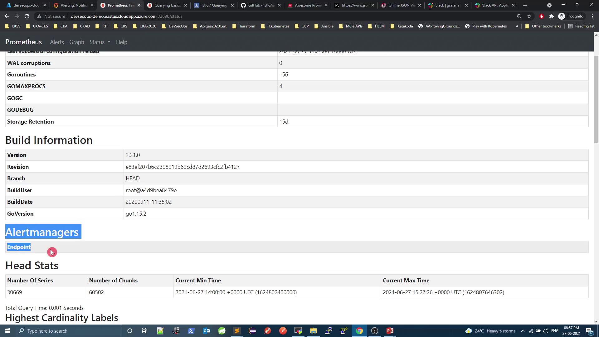 The image shows a Prometheus status page displaying build information, alert manager details, and head stats. It includes version, revision, and build date information.