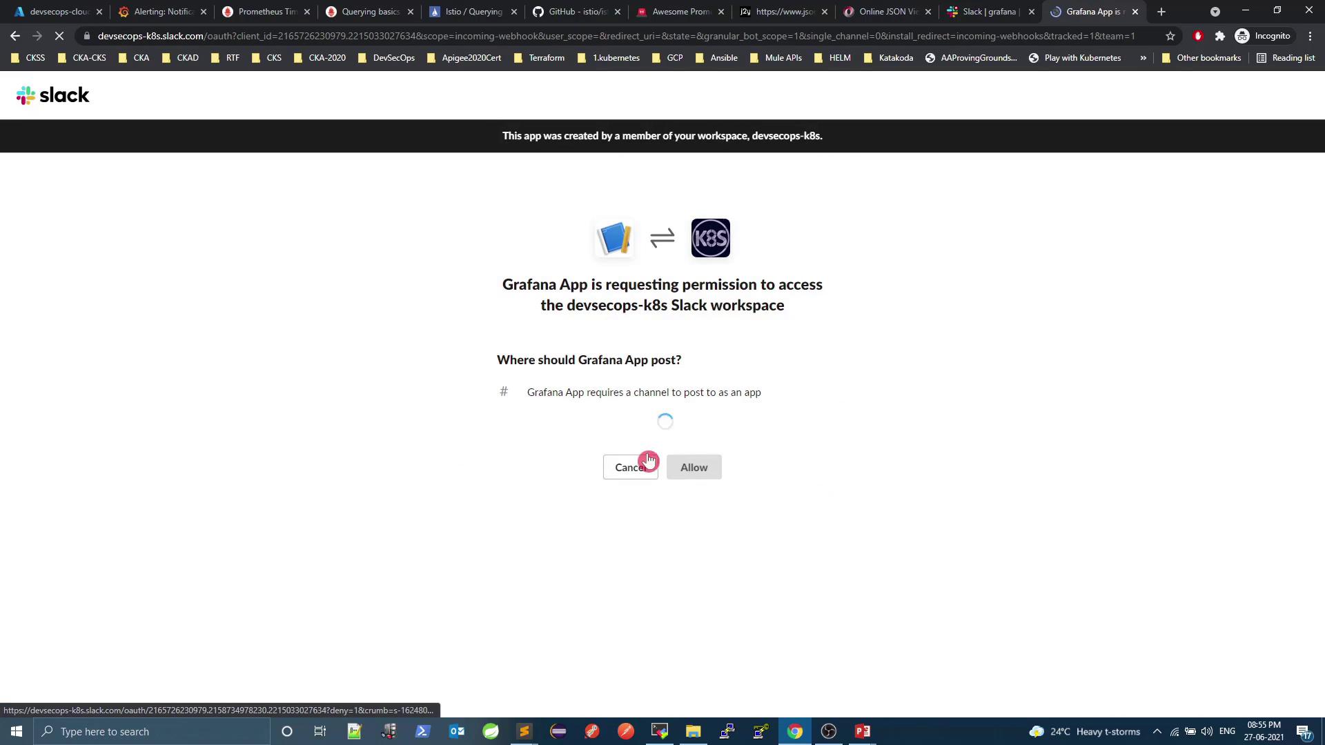 The image shows a Slack authorization page where the Grafana App is requesting permission to access the "devsecops-k8s" Slack workspace, with options to cancel or allow the request.