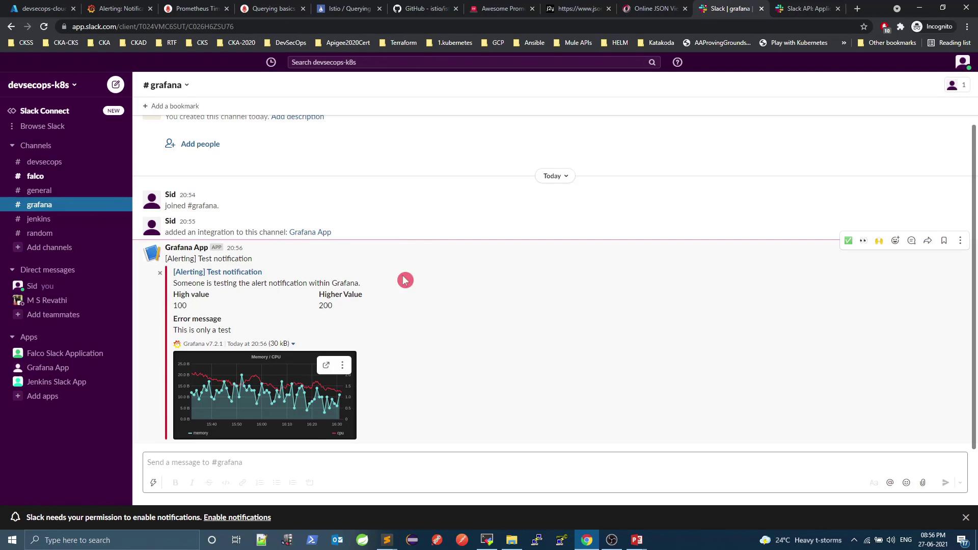 The image shows a Slack channel with a Grafana alert notification, including a graph displaying memory and CPU usage. The notification indicates a test alert with specified high values.