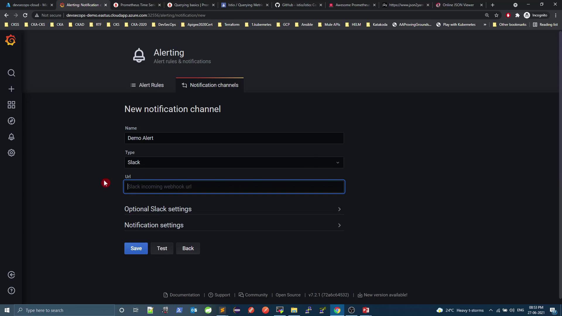 The image shows a web interface for setting up a new notification channel, specifically for a "Demo Alert" using Slack, with fields for entering a Slack webhook URL and optional settings.