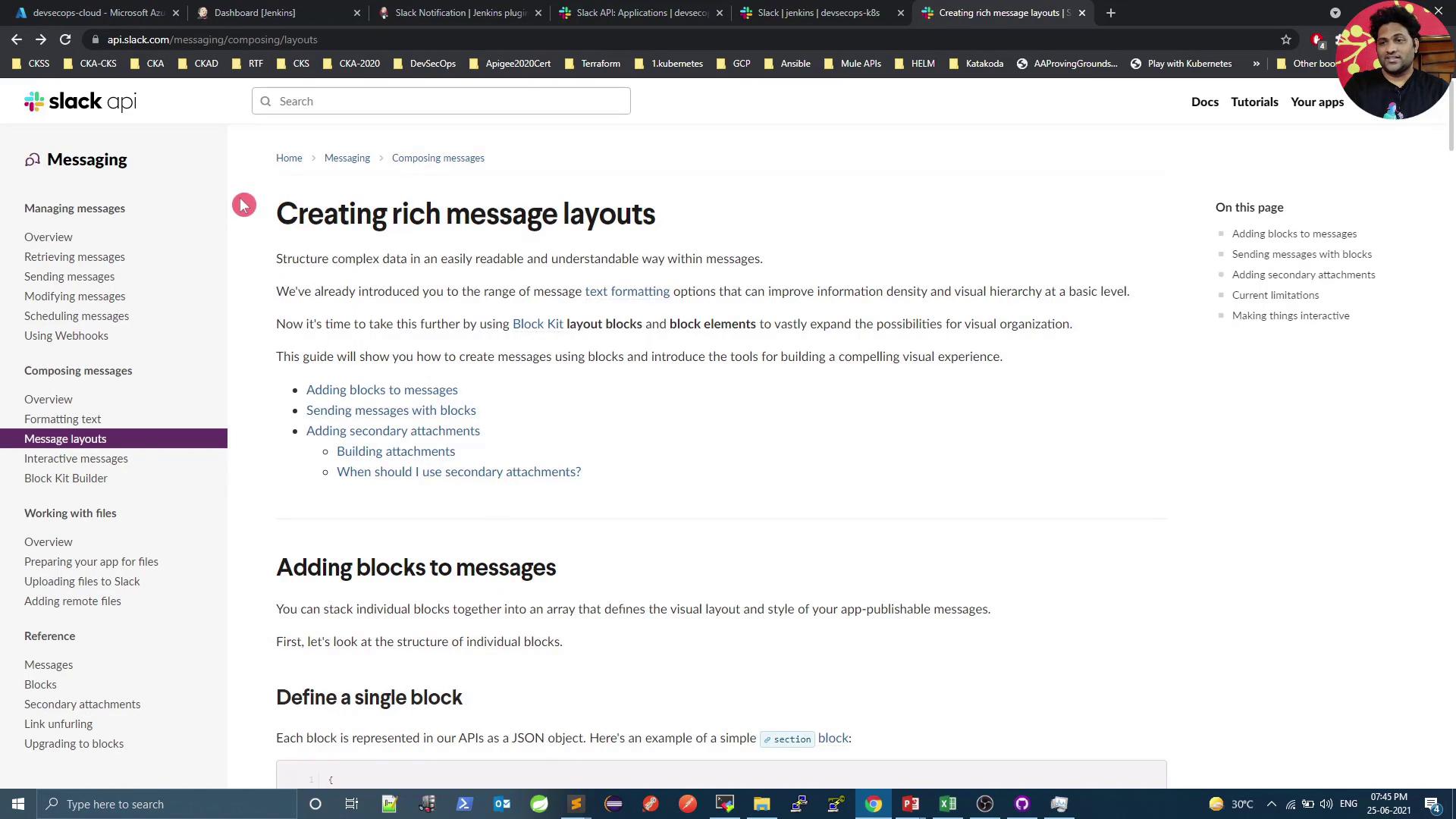 The image shows a webpage from the Slack API documentation, specifically about creating rich message layouts. It includes navigation links on the left and content about adding blocks to messages.