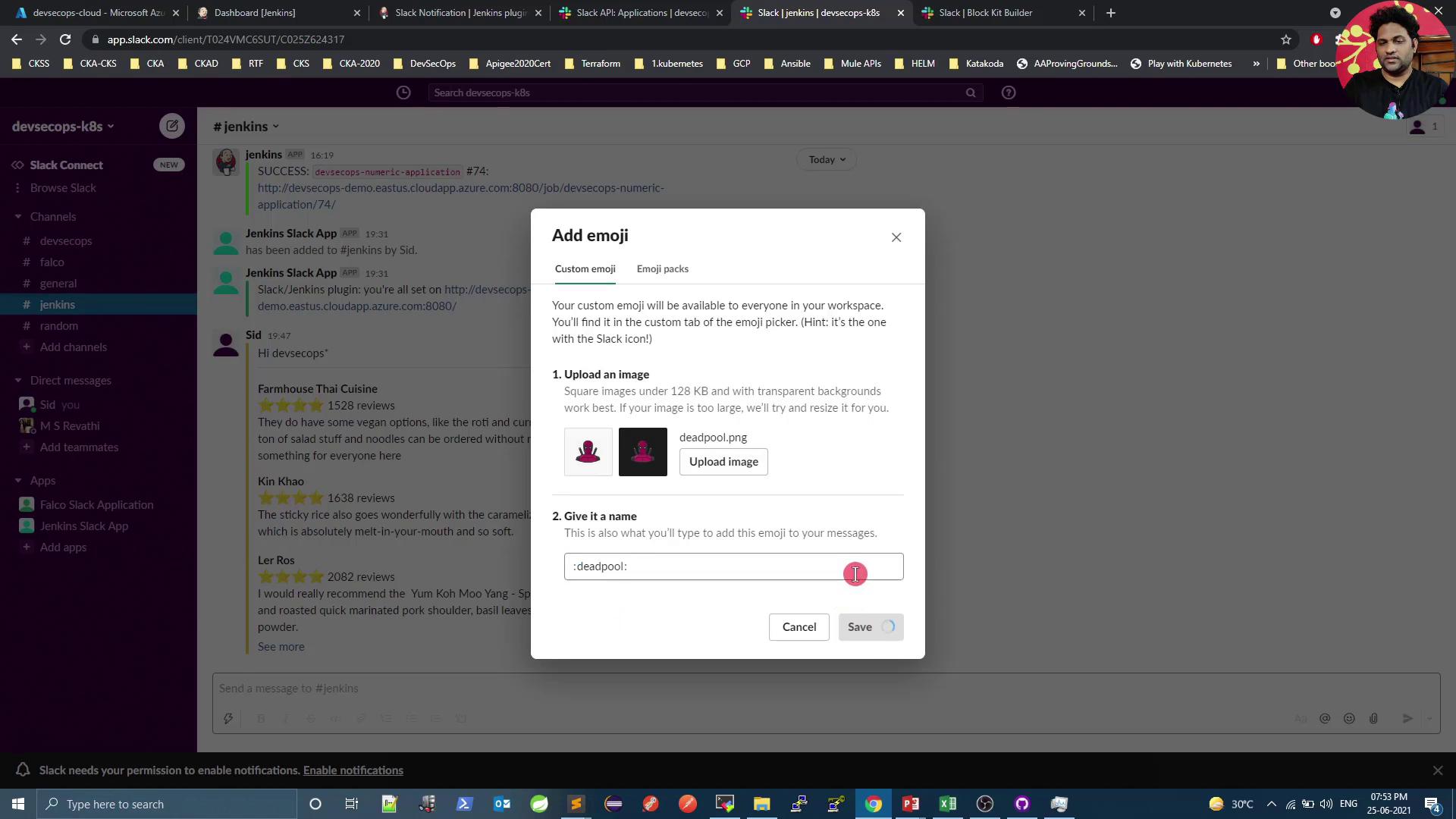 The image shows a Slack interface with a pop-up window for adding a custom emoji, where an image named "deadpool.png" is being uploaded.