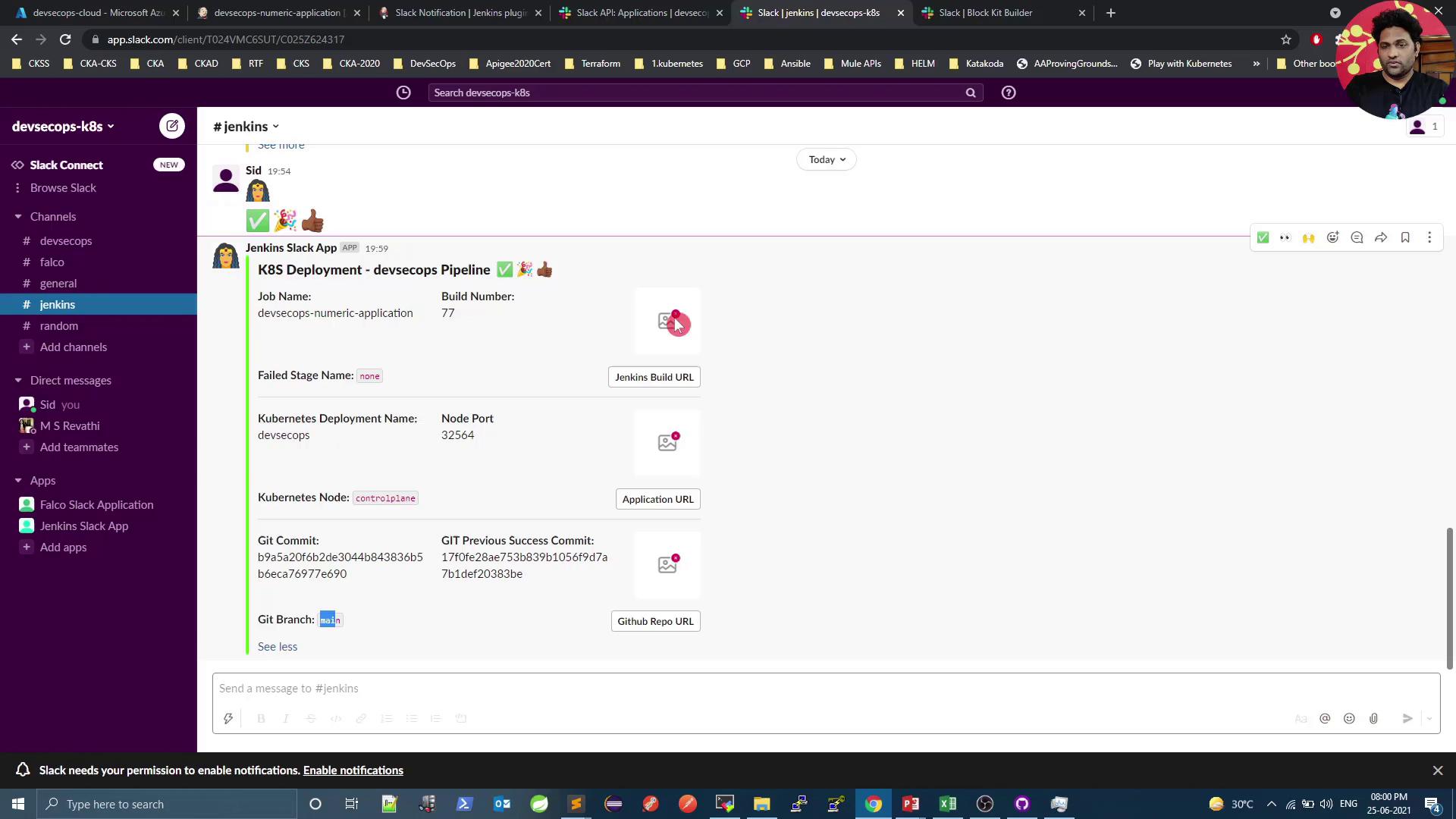 The image shows a Slack interface with a message from the Jenkins Slack App detailing a successful Kubernetes deployment pipeline. It includes information such as job name, build number, Kubernetes deployment details, and Git commit references.