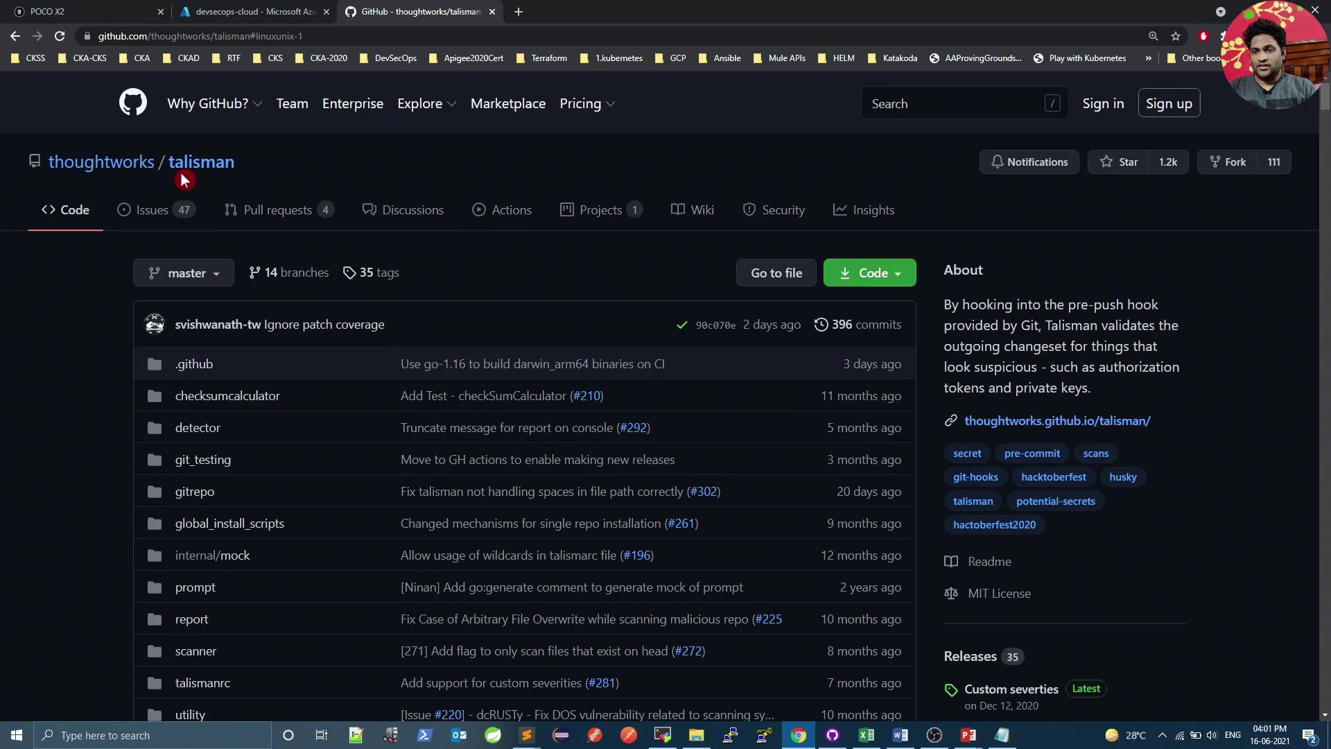 The image shows a GitHub repository page for "thoughtworks/talisman," displaying the code files, recent commits, and an "About" section describing the project.