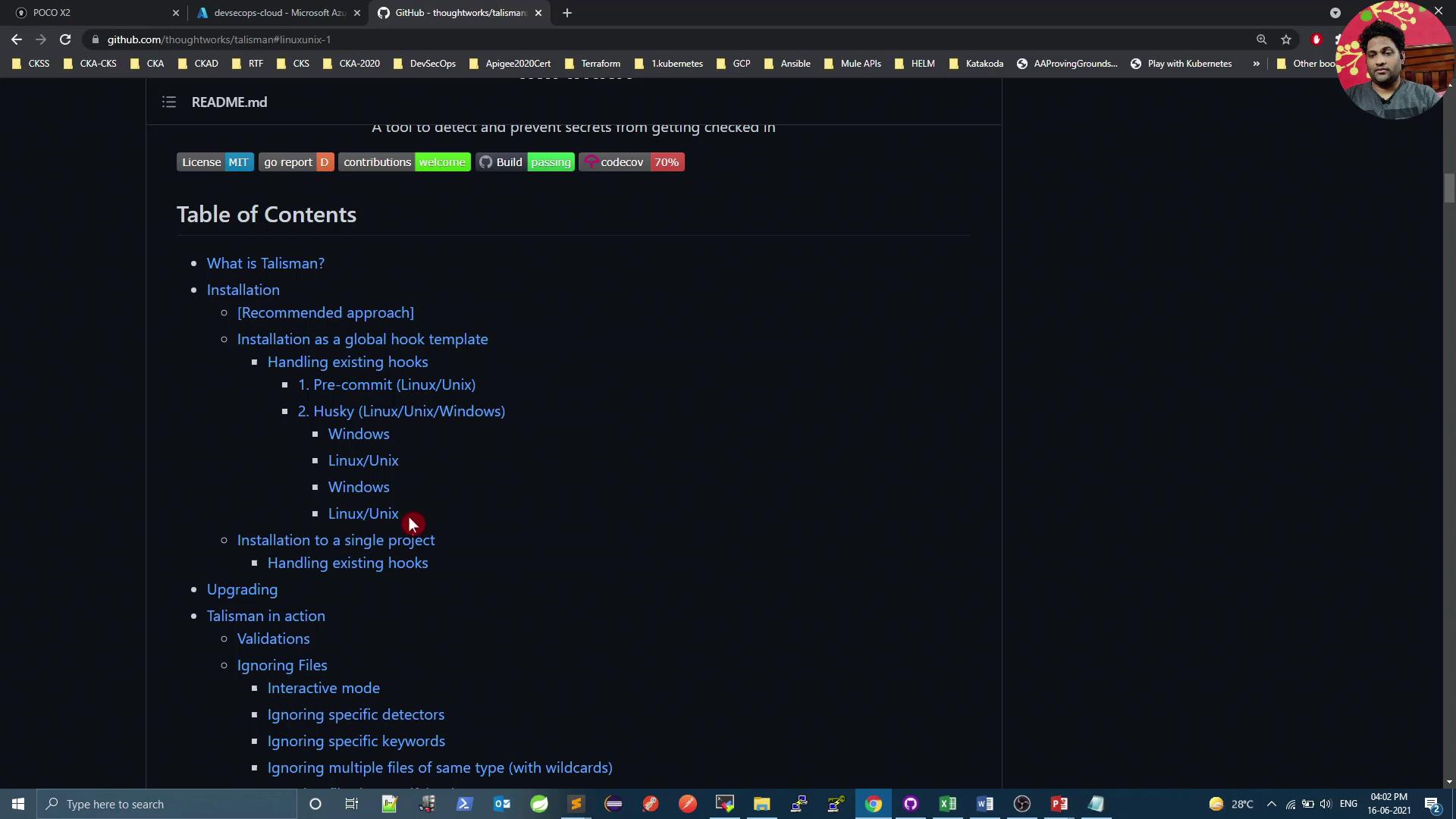 The image shows a GitHub page for the "Talisman" project, displaying a table of contents related to installation and usage instructions. The page includes various sections like installation methods and handling hooks.