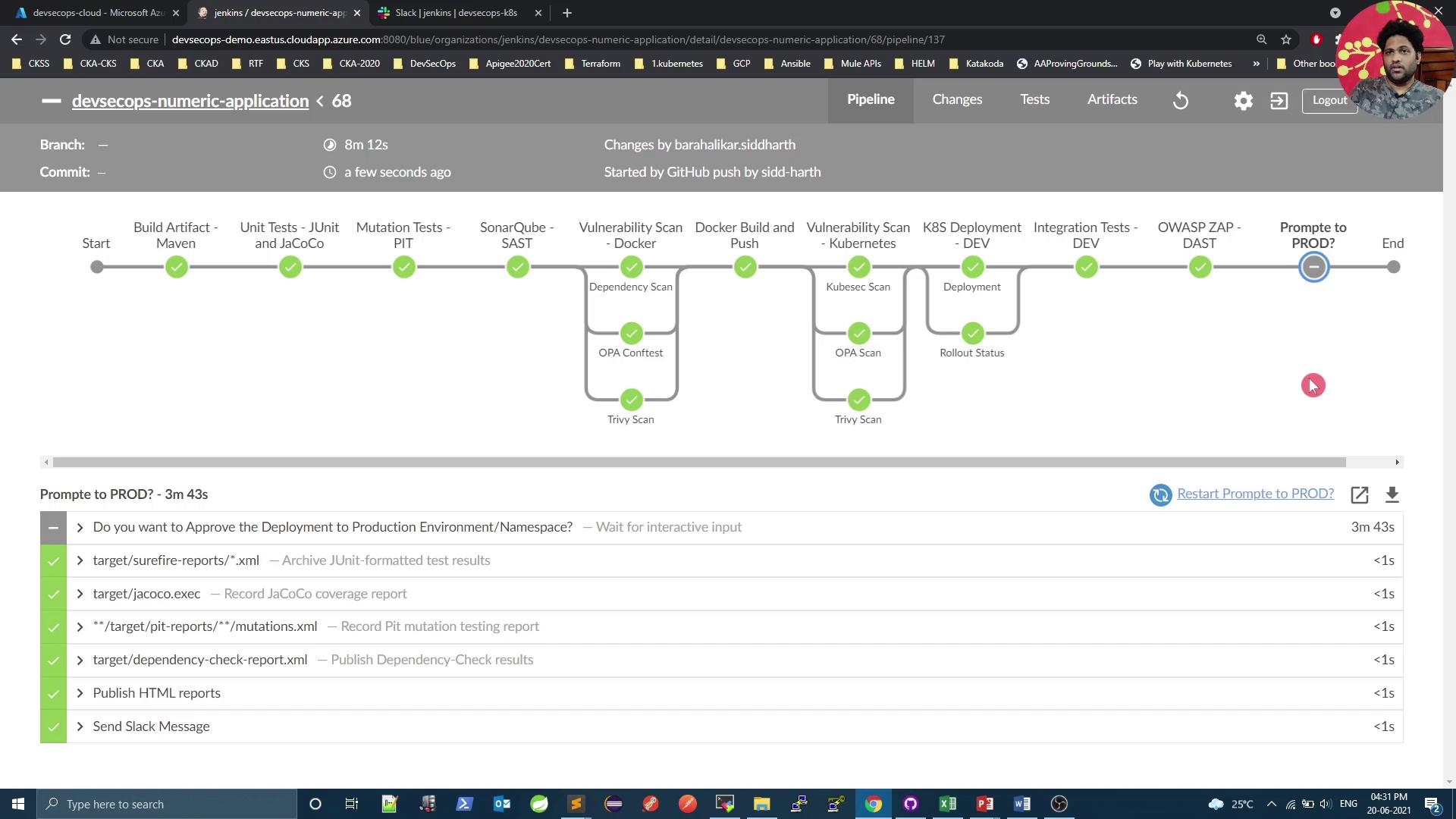 The image shows a Jenkins pipeline for a "devsecops-numeric-application," detailing various stages such as build, testing, scanning, deployment, and integration. Each stage is marked with a green check, indicating successful completion, and there's a prompt for production deployment.