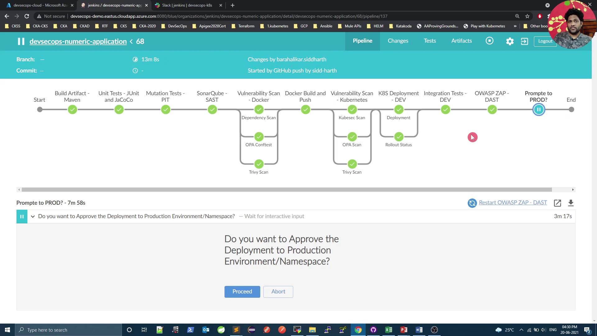 The image shows a Jenkins pipeline for a "devsecops-numeric-application" with various stages like build, tests, scans, and deployment. It includes a prompt asking for approval to deploy to the production environment.