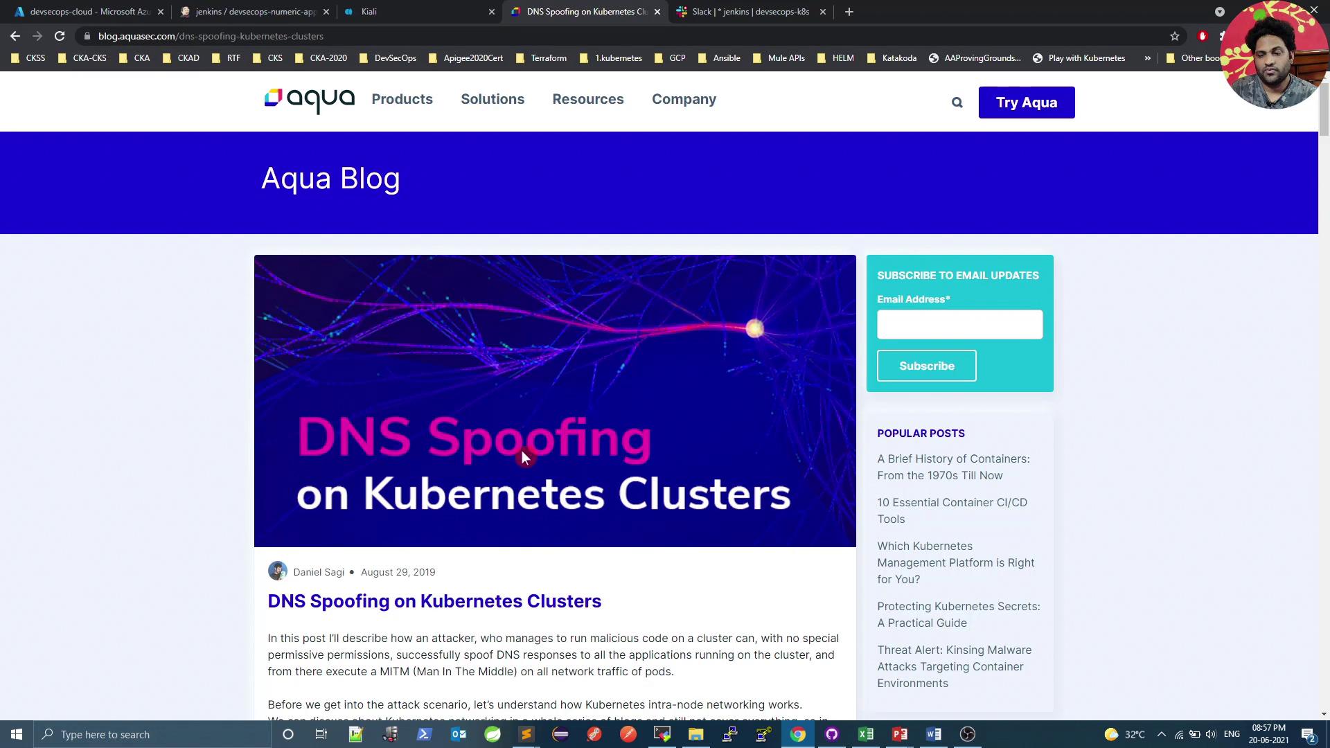 The image shows a blog post titled "DNS Spoofing on Kubernetes Clusters" on the Aqua Blog website, with a sidebar for subscribing to email updates and a list of popular posts.