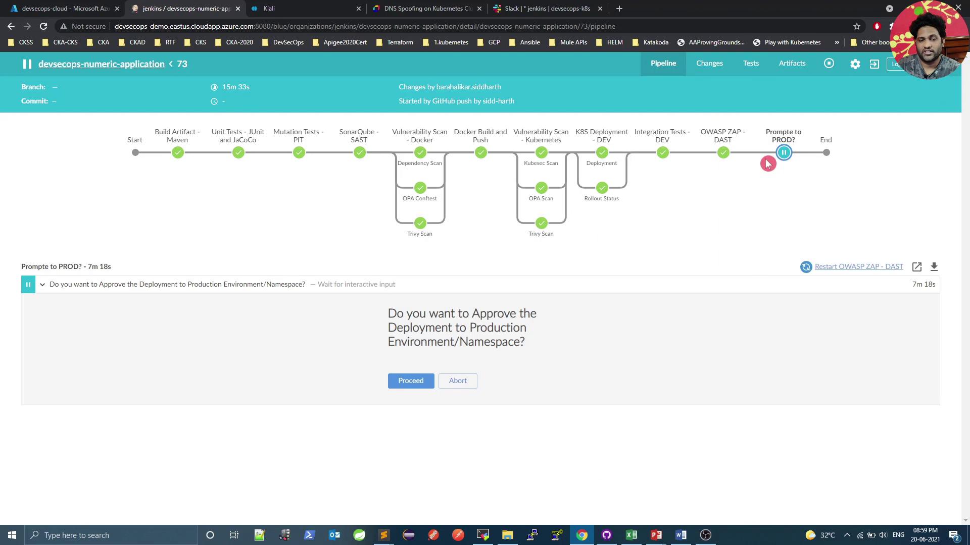 The image shows a Jenkins pipeline with various stages of a deployment process, including tests and scans. It also includes a prompt asking for approval to deploy to the production environment.