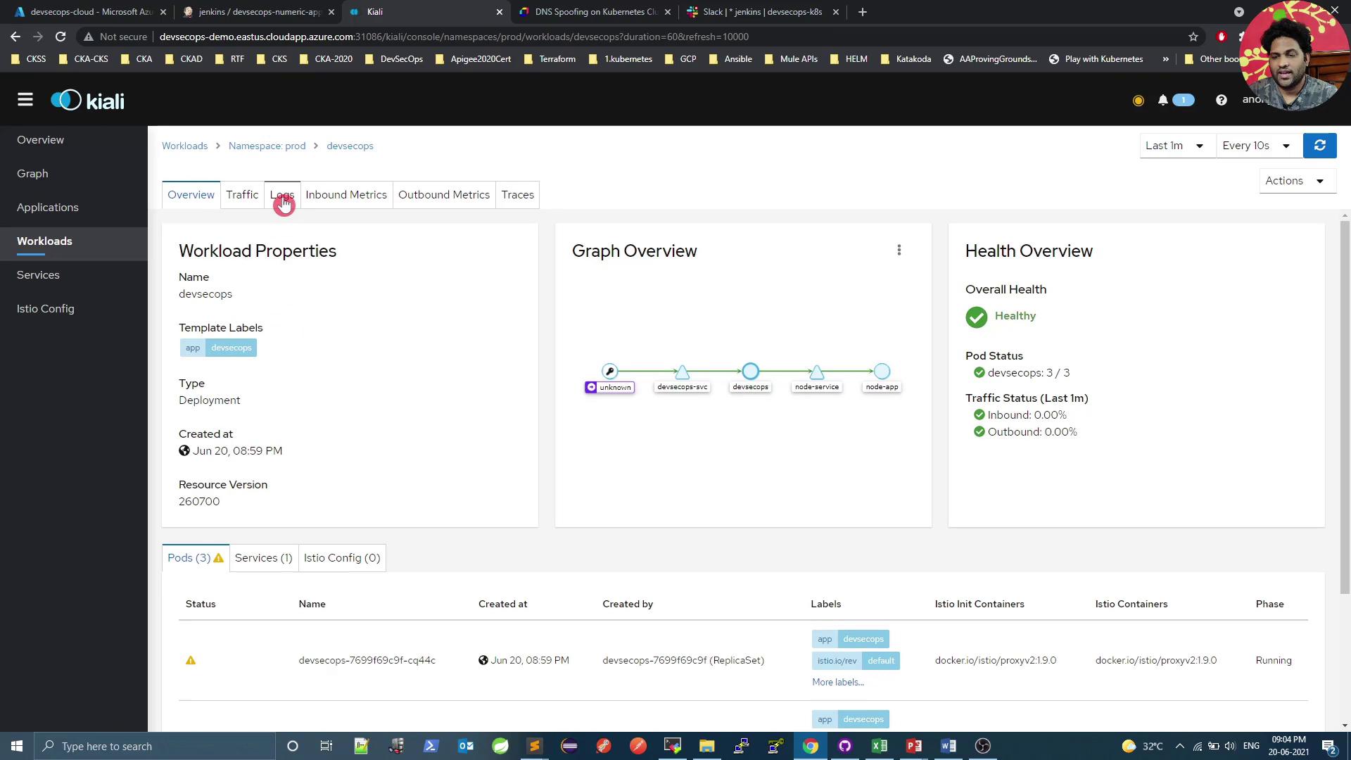 The image shows a Kiali dashboard displaying workload properties, a graph overview, and health status for a deployment named "devsecops." The dashboard indicates the overall health is "Healthy" with pod and traffic status details.