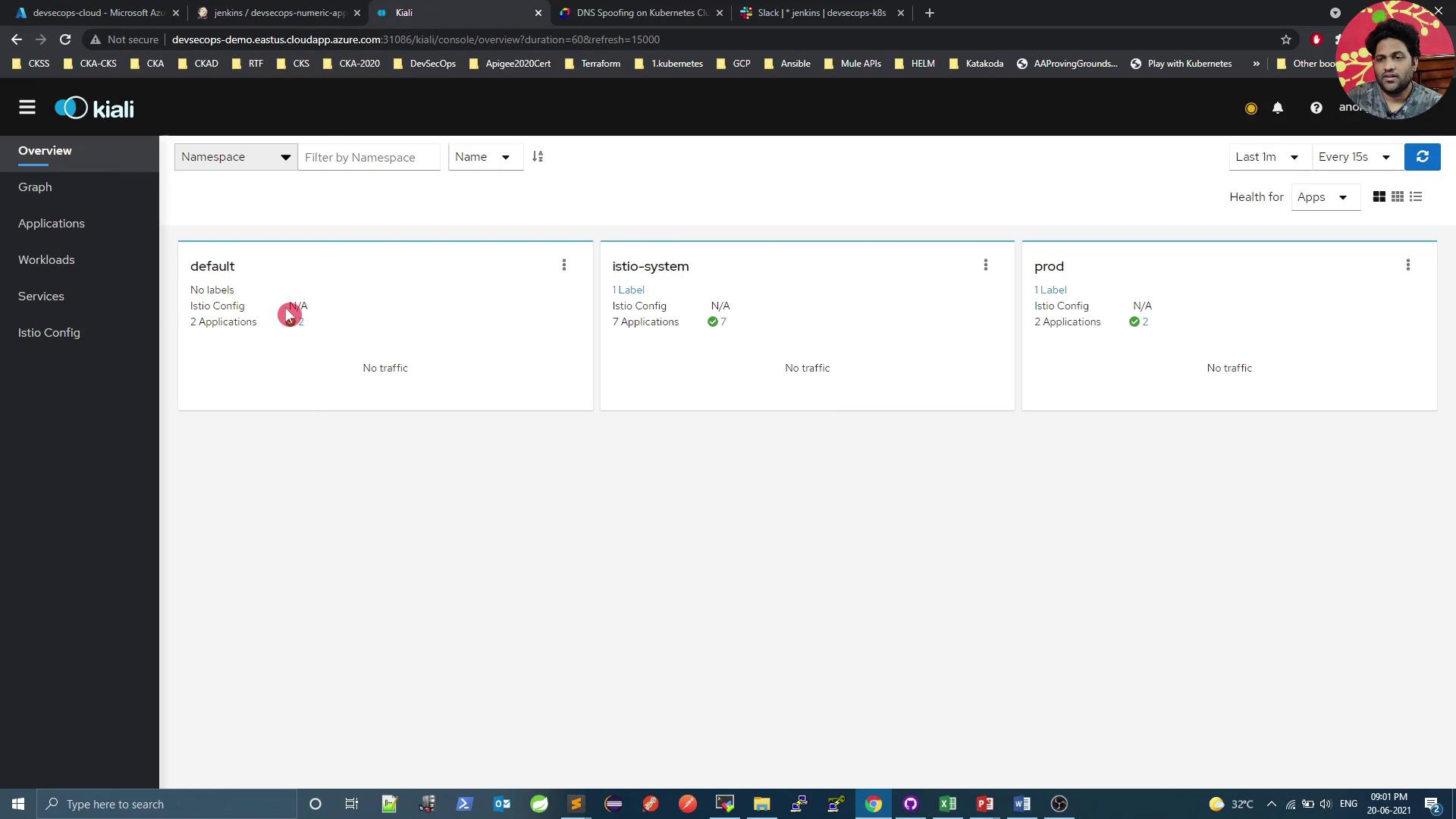 The image shows a Kiali dashboard displaying an overview of namespaces with details about labels, Istio configuration, and applications. The screen also includes a browser with multiple tabs open.