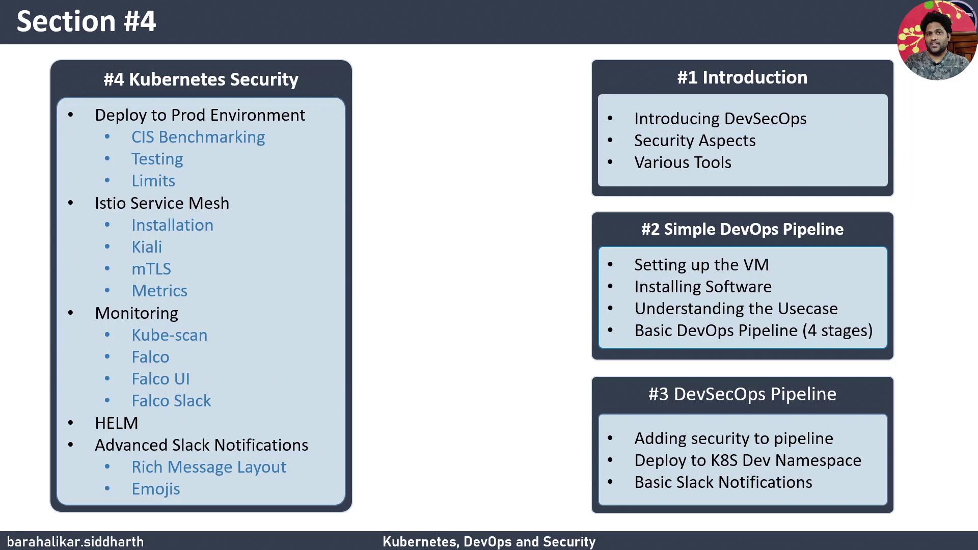 The image is a slide titled "Section #4" from a presentation on Kubernetes, DevOps, and Security. It outlines topics such as Kubernetes Security, DevSecOps introduction, a simple DevOps pipeline, and a DevSecOps pipeline.