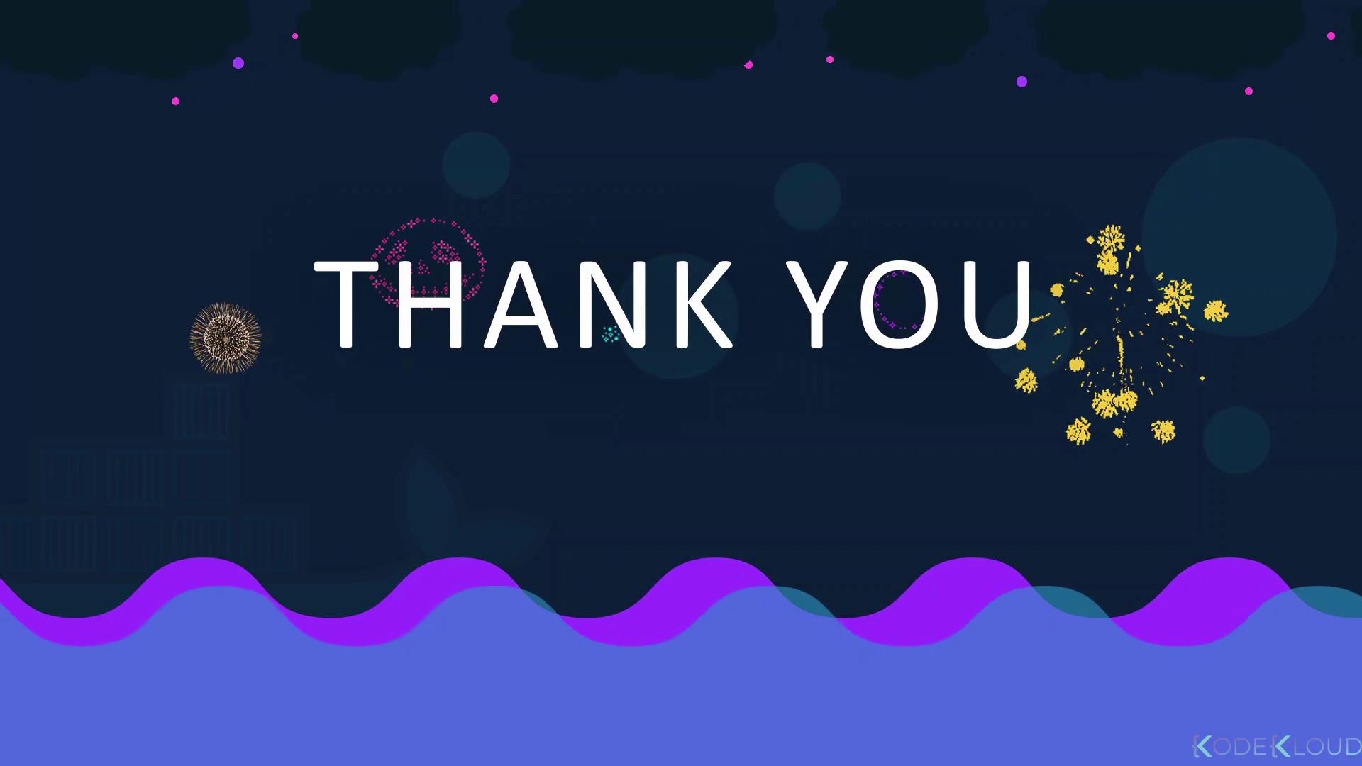 The image features the words "THANK YOU" in large white letters against a dark background with colorful fireworks and a wavy purple and blue design at the bottom.