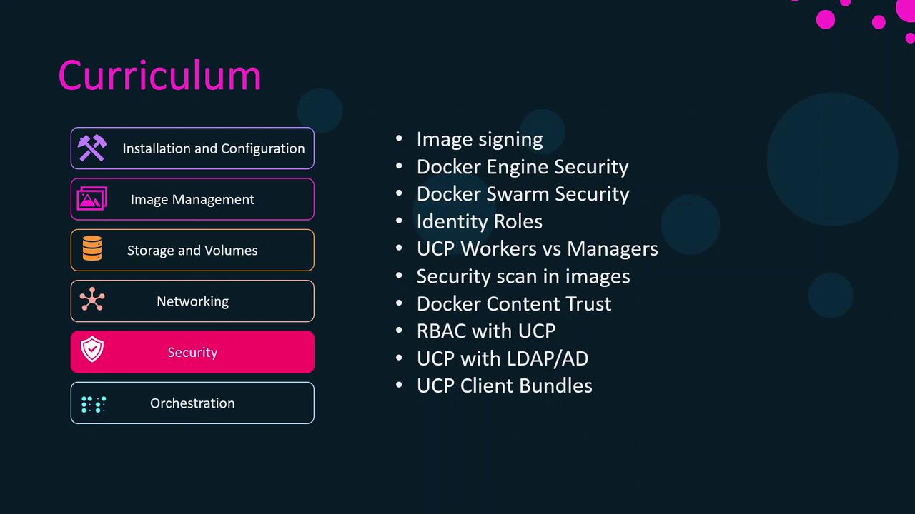 The image shows a curriculum outline with sections on installation, image management, storage, networking, security, and orchestration, highlighting security topics like Docker Engine Security and RBAC with UCP.