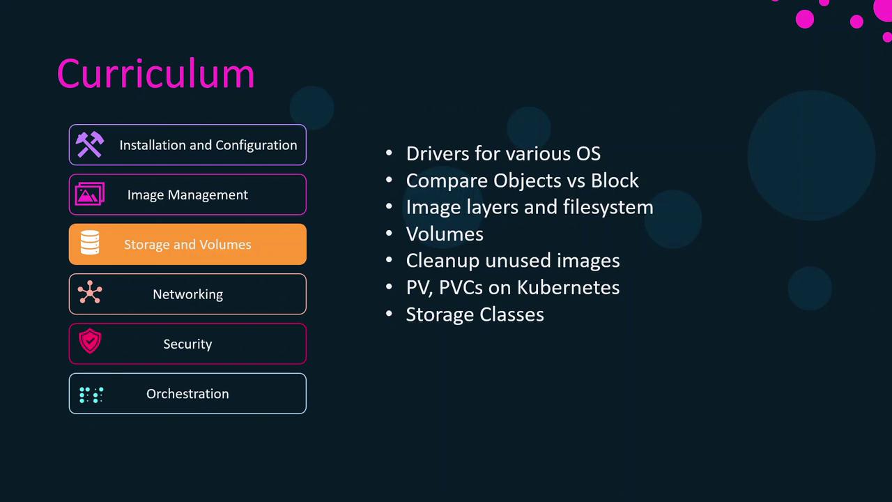 The image shows a curriculum outline with topics such as installation, image management, storage, networking, security, and orchestration. It highlights details about storage and volumes, including drivers, image layers, and Kubernetes concepts.