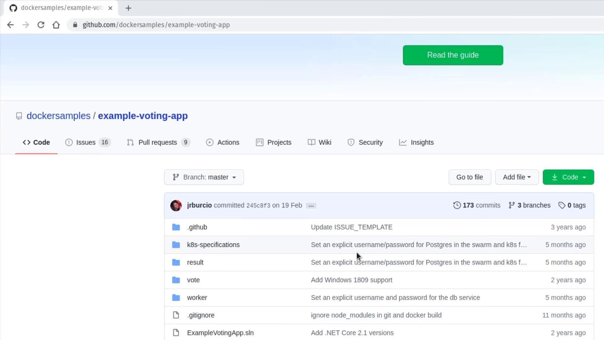 The image shows a GitHub repository page for "dockersamples/example-voting-app," displaying folders, files, and commit information. The interface includes options for code, issues, pull requests, and more.