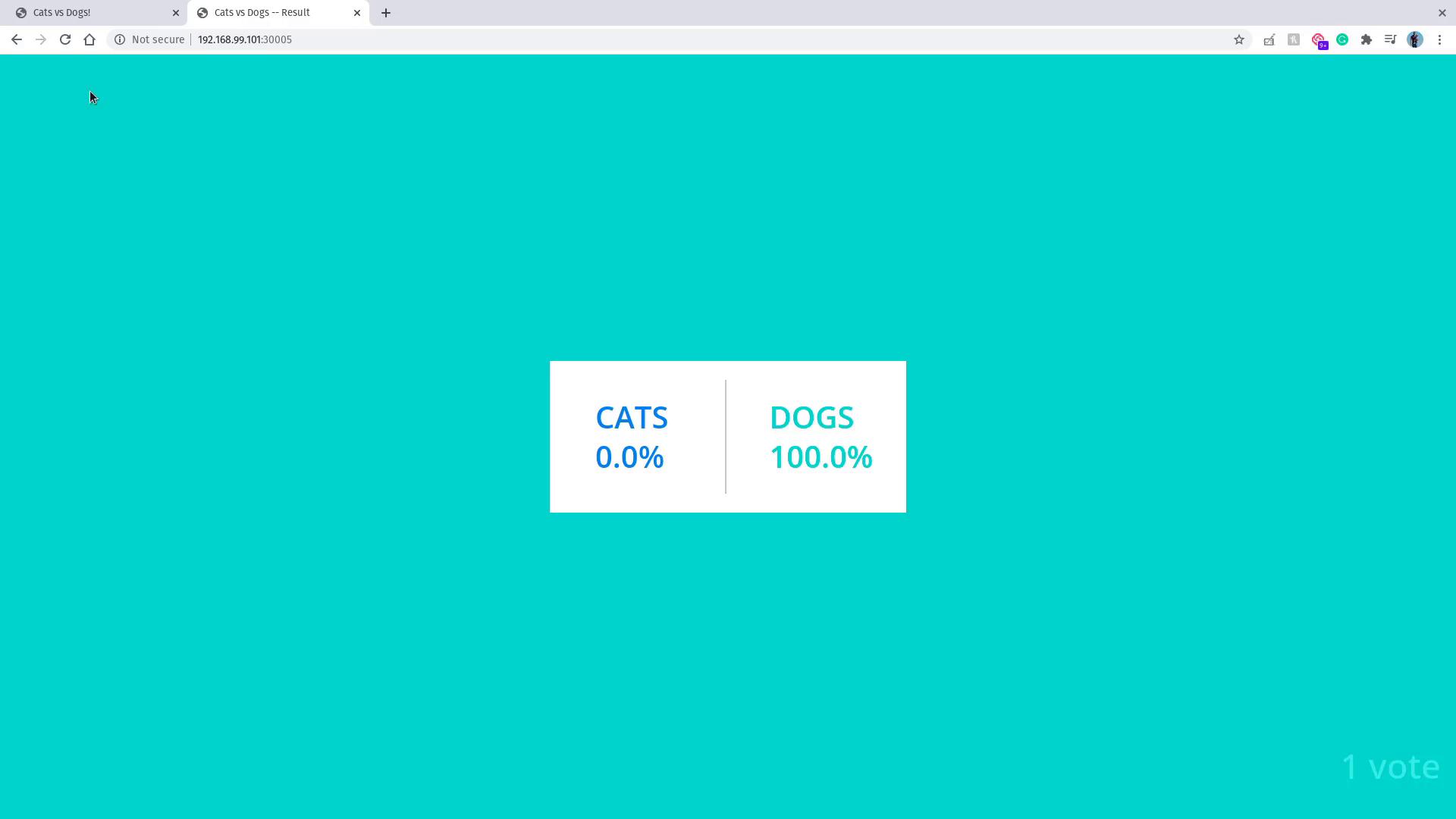 The image shows a voting result with "CATS" at 0.0% and "DOGS" at 100.0% on a turquoise background.