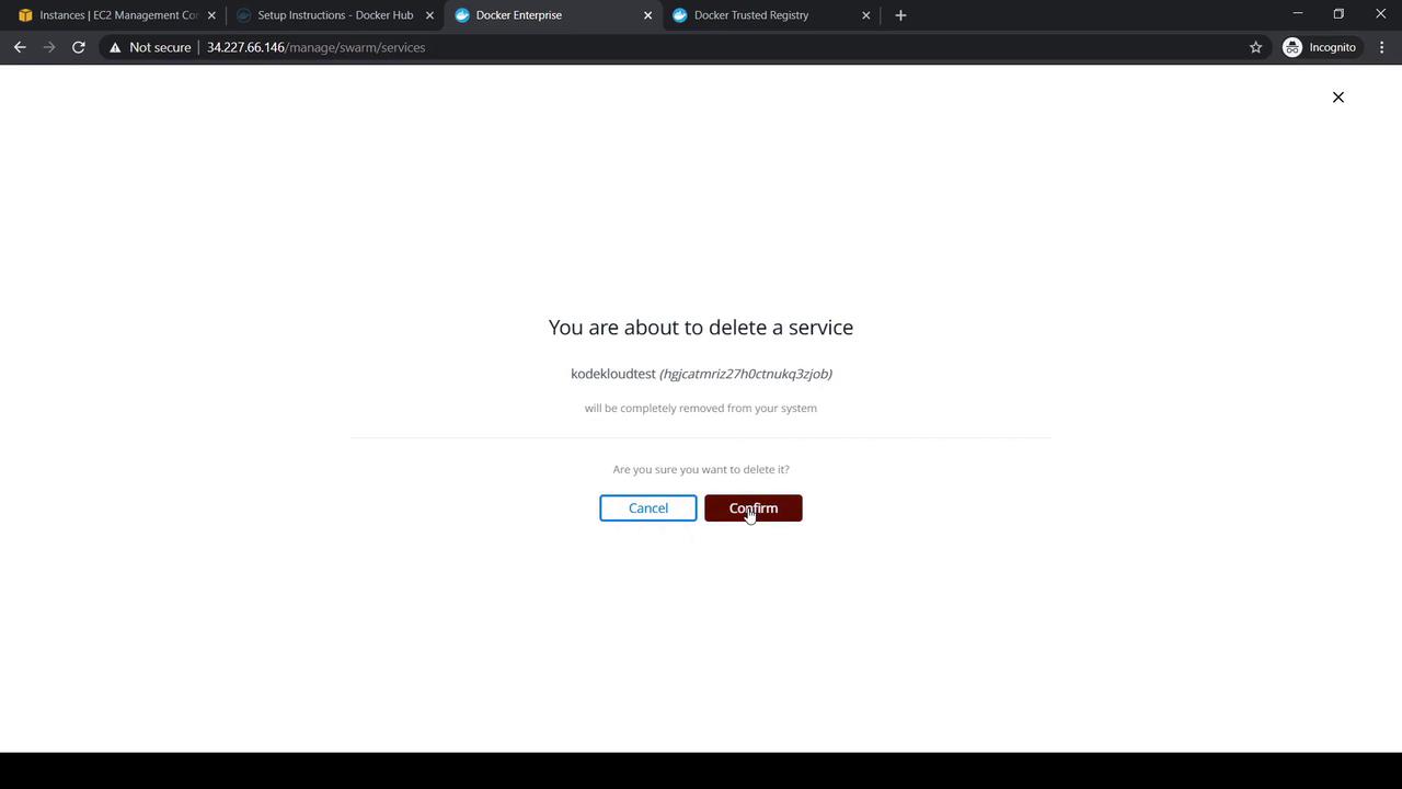 The image shows a confirmation dialog for deleting a service named "kodekloudtest" with options to cancel or confirm the deletion.