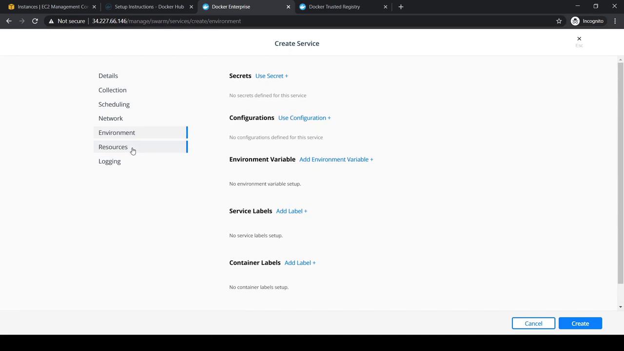 The image shows a "Create Service" interface in a Docker management console, with options to configure secrets, configurations, environment variables, and labels. The sidebar includes sections like Details, Collection, Scheduling, Network, Environment, Resources, and Logging.