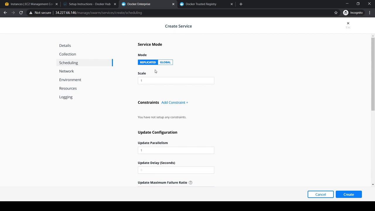 The image shows a "Create Service" interface for Docker, with options for setting service mode, scale, constraints, and update configuration. The interface includes tabs for details, collection, scheduling, network, environment, resources, and logging.