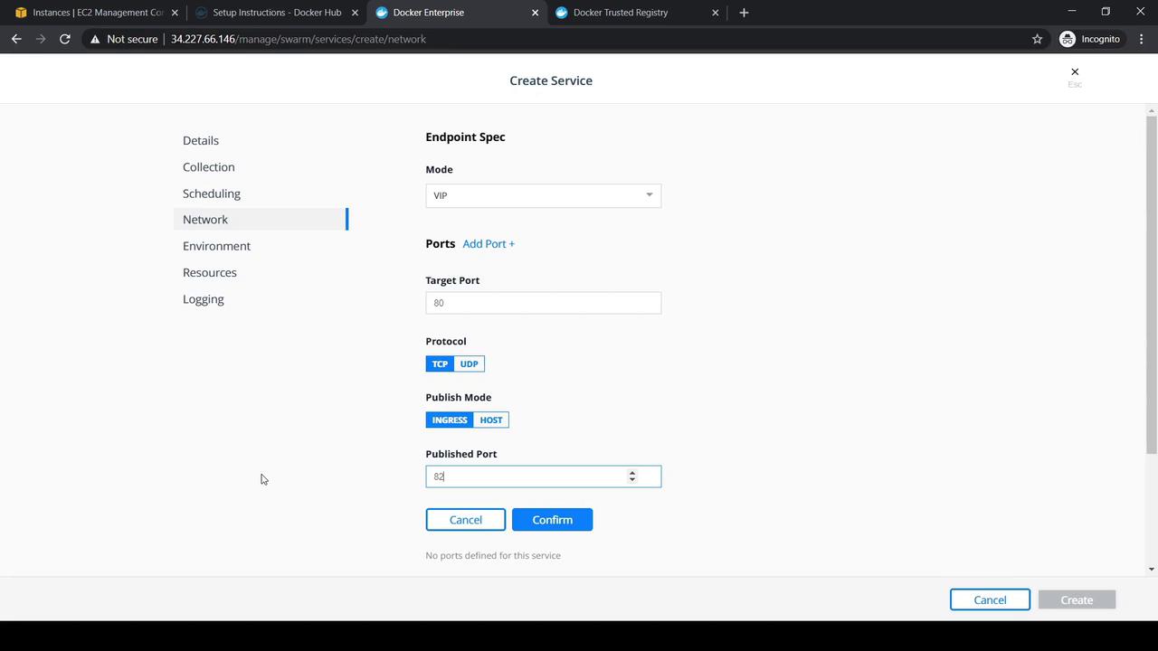 The image shows a web interface for creating a service in Docker Enterprise, specifically focusing on network settings such as endpoint specifications, ports, and protocols. Options for mode, target port, protocol, and publish mode are visible, with buttons to cancel or confirm the configuration.