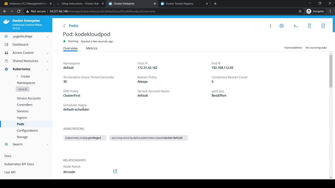 The image shows a Docker Enterprise interface displaying details of a Kubernetes pod named "kodekloudpod," including its status, IP addresses, and configuration settings.