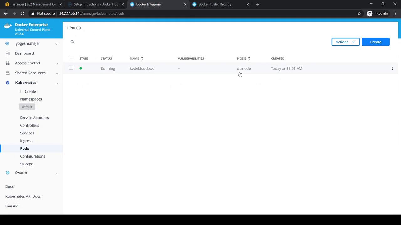 The image shows a Docker Enterprise Universal Control Plane interface displaying a Kubernetes pod named "kodekloudpod" that is currently running on the node "dtrnode." The interface includes options for managing Kubernetes resources.