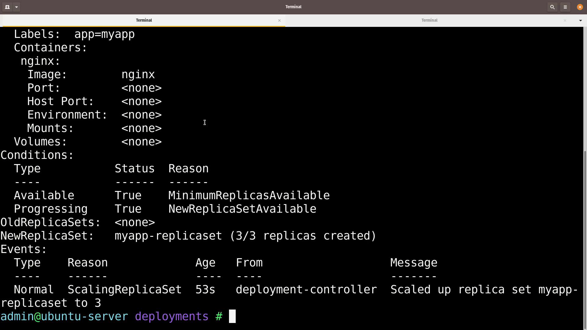 The image shows a terminal window displaying Kubernetes deployment details for an application named "myapp," including container information, conditions, and events related to scaling the replica set.