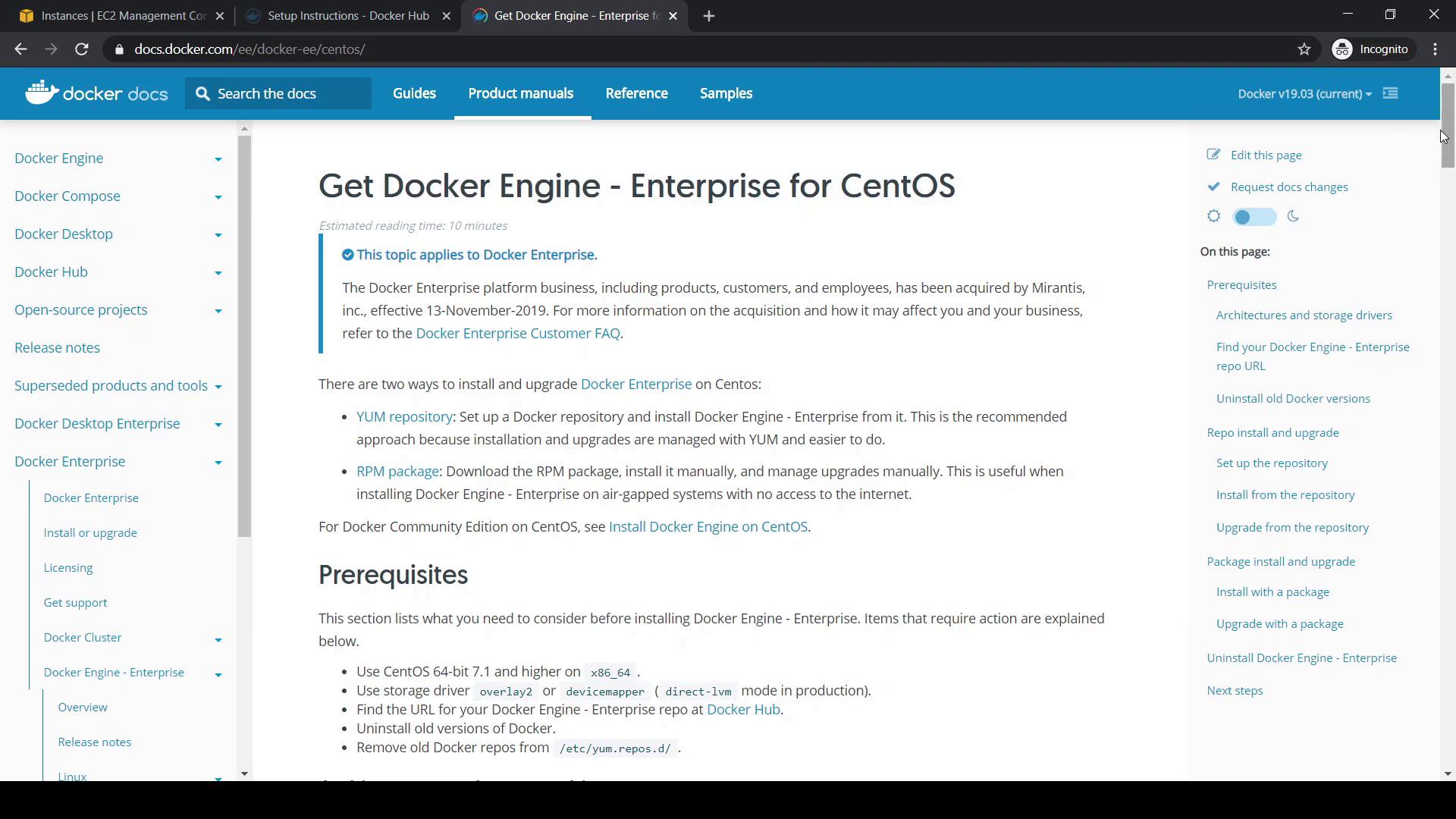 The image shows a webpage from Docker documentation detailing how to get Docker Engine - Enterprise for CentOS, including prerequisites and installation methods.