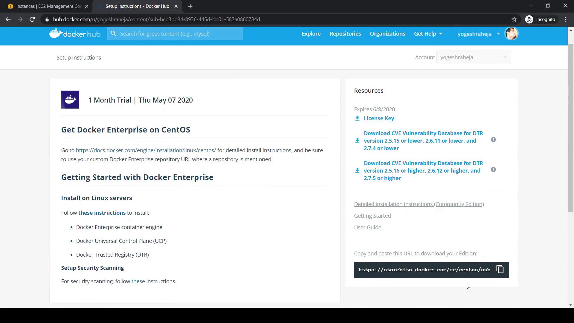 The image shows a webpage from Docker Hub with setup instructions for getting Docker Enterprise on CentOS, including links to resources and installation guides.