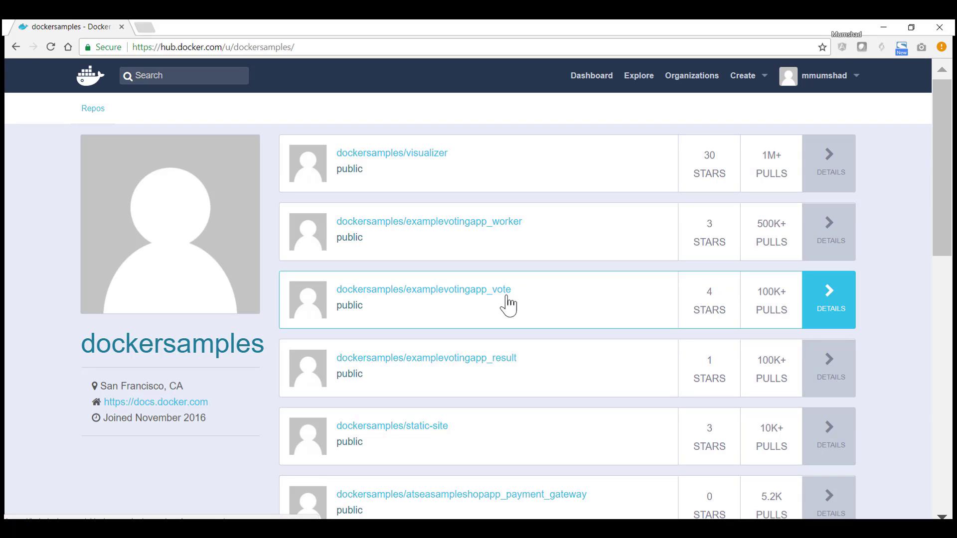 The image shows a Docker Hub profile page for "dockersamples," displaying a list of public repositories with details such as stars and pull counts.