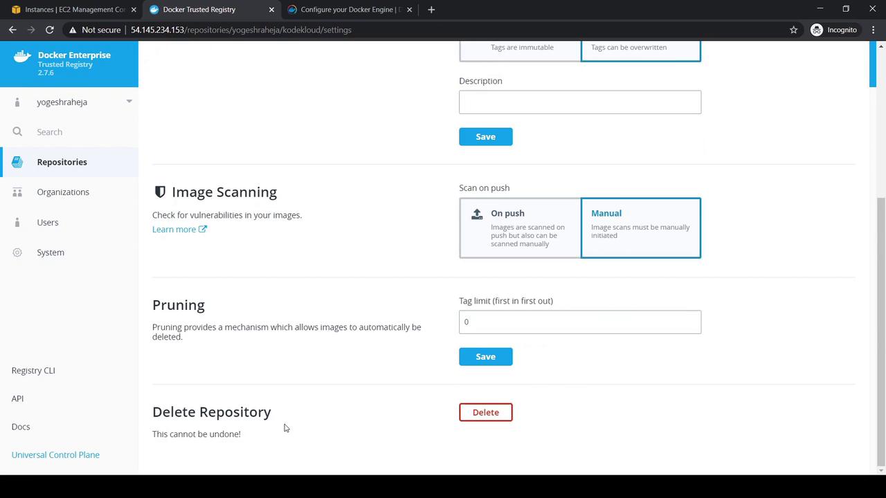 The image shows a Docker Enterprise Trusted Registry interface, displaying options for image scanning, pruning, and deleting a repository. The interface includes settings for scanning images on push or manually.