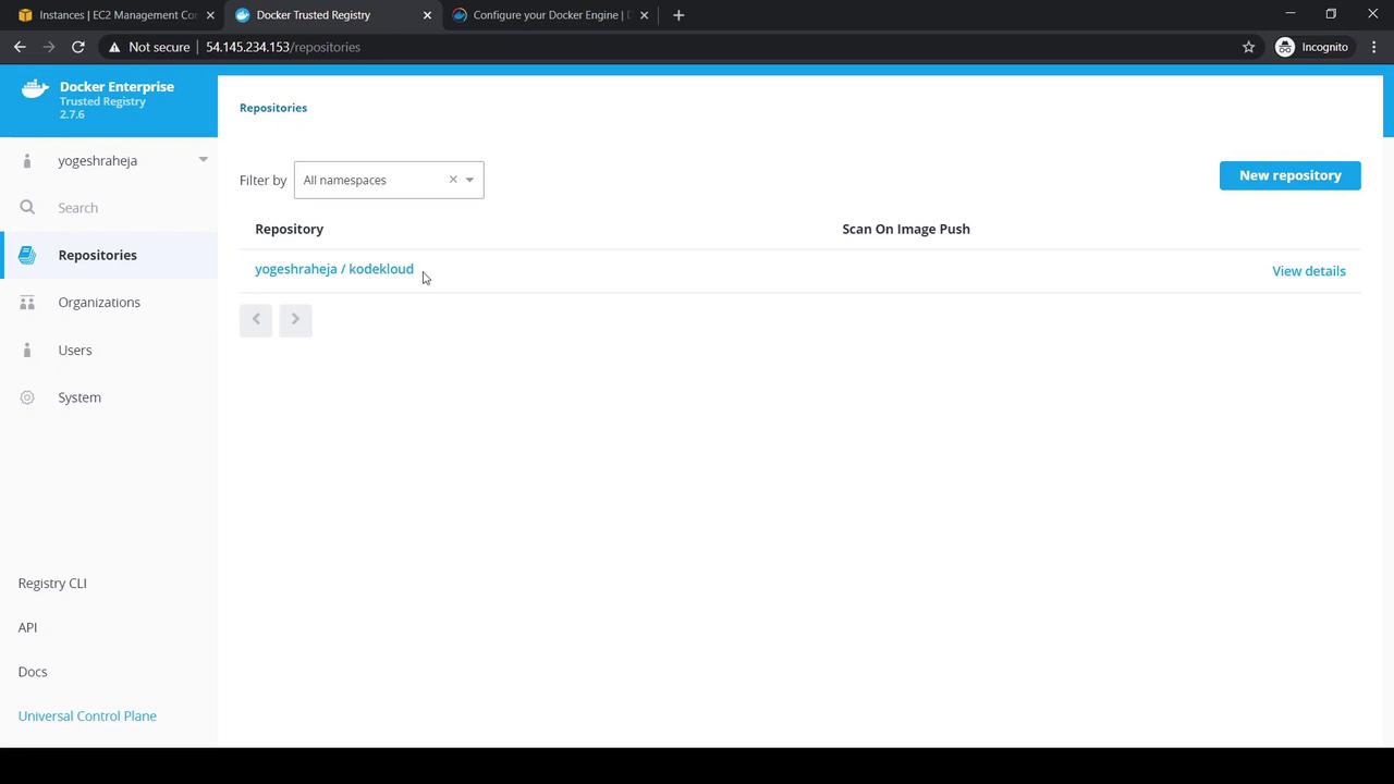 The image shows a Docker Enterprise Trusted Registry interface with a repository named "yogeshraheja / kodekloud" listed. The interface includes options for filtering namespaces and creating a new repository.
