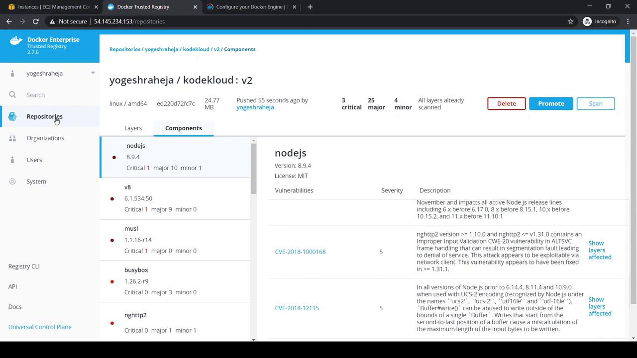 The image shows a Docker Enterprise Trusted Registry interface displaying details of a repository named "yogeshraheja/kodekloud:v2," including components, vulnerabilities, and their severity levels.