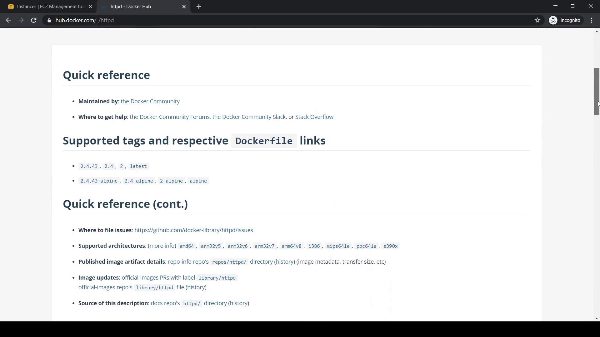 The image shows a webpage from Docker Hub, specifically the HTTPD repository, detailing quick reference information, supported tags, and Dockerfile links. It includes sections on where to get help, supported architectures, and image update details.