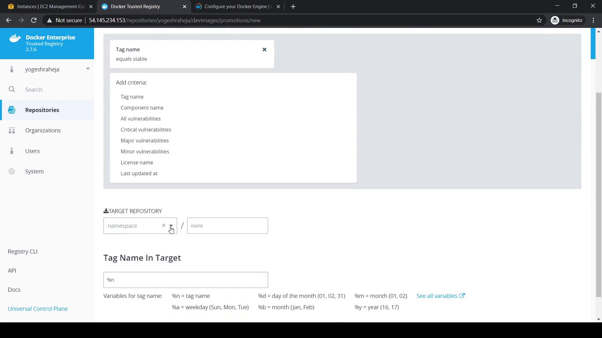 The image shows a Docker Enterprise Trusted Registry interface, specifically the repositories section, with options to filter by tag name and other criteria. It also includes fields for specifying a target repository and tag name variables.