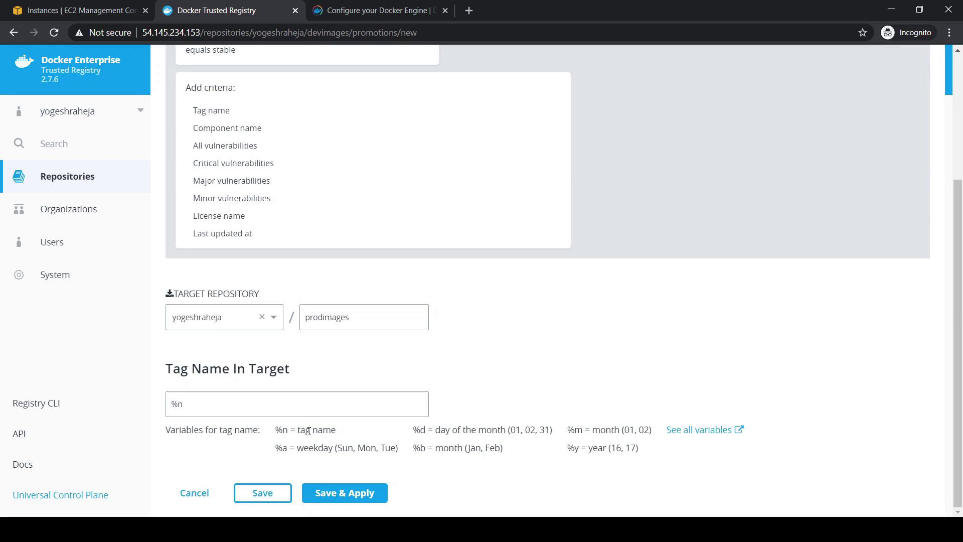 The image shows a Docker Enterprise Trusted Registry interface where a user is configuring repository settings, including criteria for vulnerabilities and tag naming conventions.