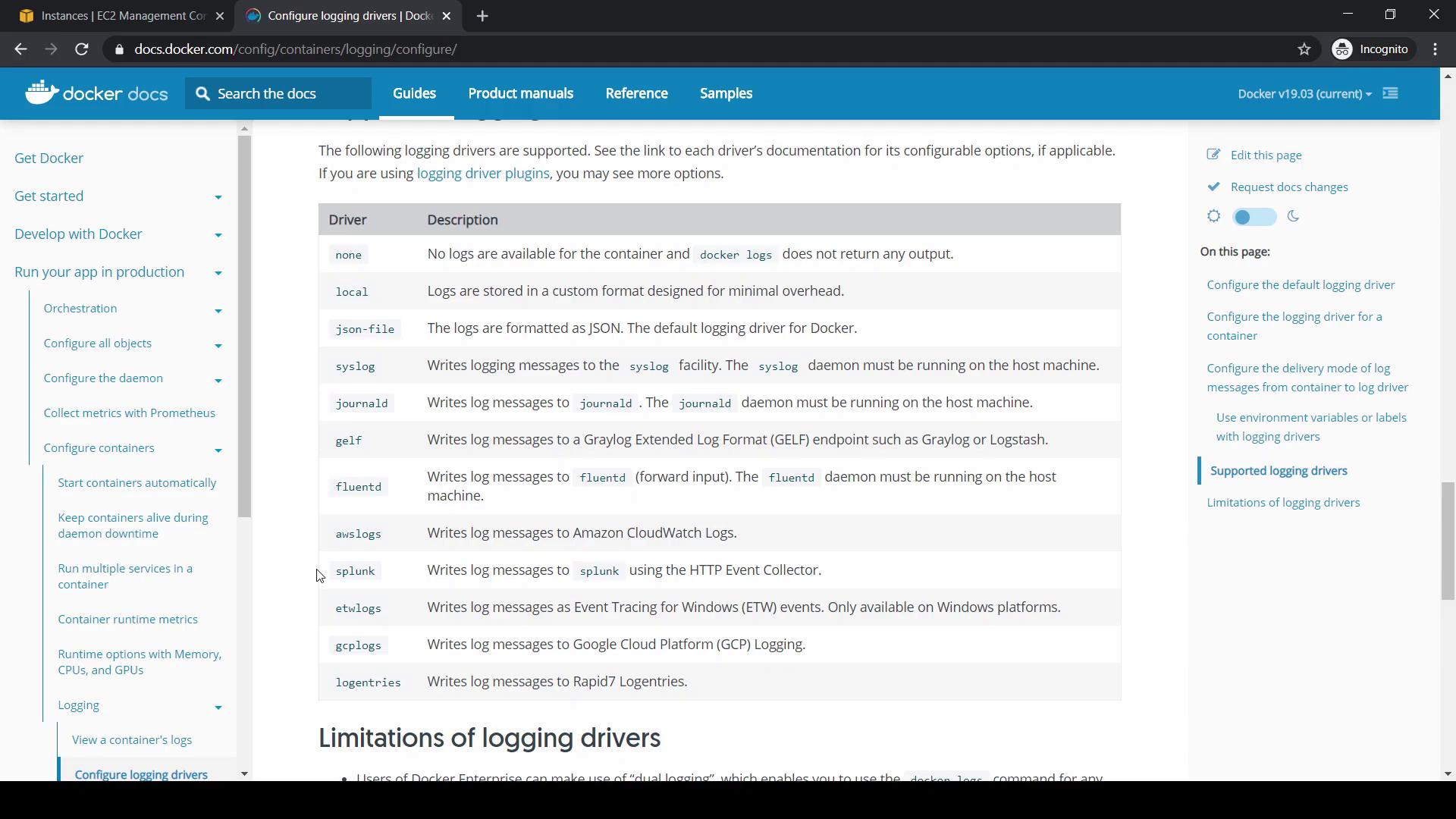 The image shows a section of the Docker documentation webpage, specifically listing and describing various logging drivers available for Docker containers.