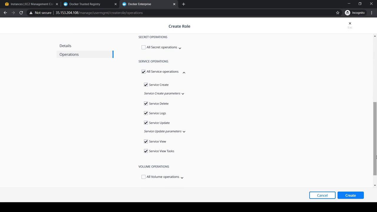 The image shows a "Create Role" interface in a web application, where various service operations like "Service Create," "Service Delete," and "Service Update" are selected. There are options for secret and volume operations, with buttons for "Cancel" and "Create" at the bottom.