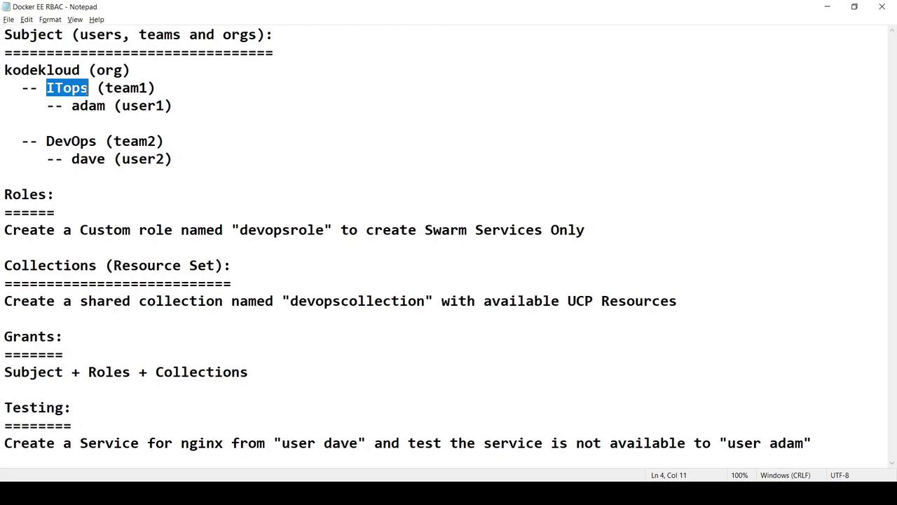 The image shows a text document outlining Docker EE RBAC configurations, including subjects, roles, collections, grants, and testing instructions for creating and managing services.