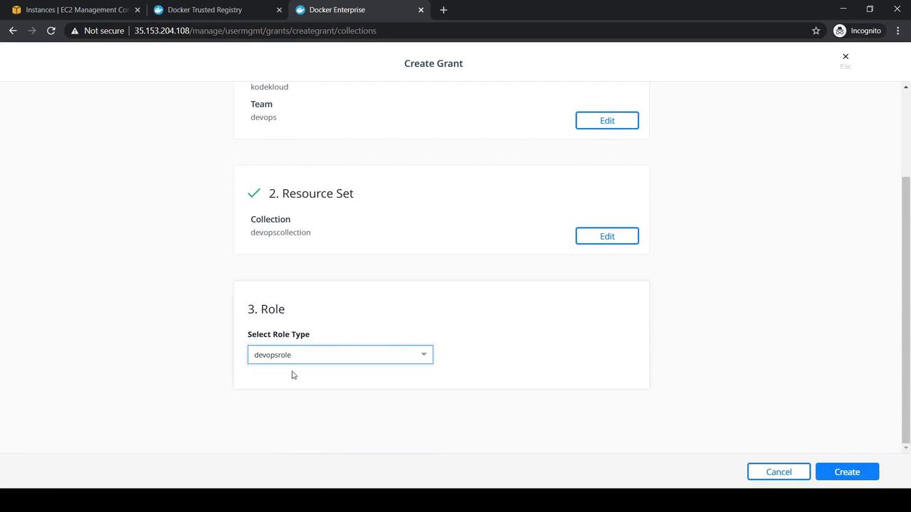 The image shows a web interface for creating a grant in Docker Enterprise, with sections for selecting a team, resource set, and role type. The "Create" and "Cancel" buttons are visible at the bottom.